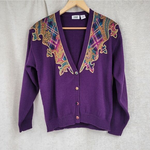 Lucia Royal Purple Vintage 80s Cardigan with Tartan Paisley Contrast - Picture 1 of 11